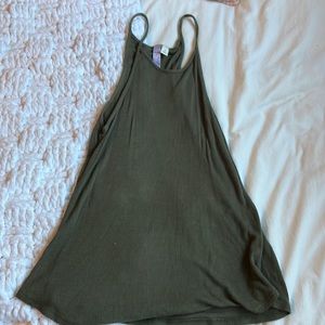 Long olive blouse, spaghetti strap high neck